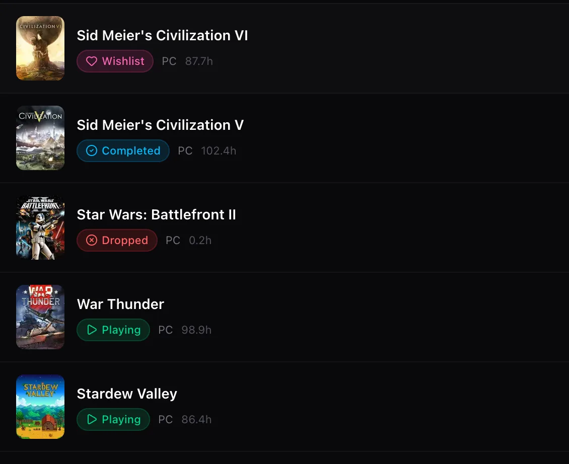 Games in different statuses — Wishlist, Completed, Dropped, Playing — with platform and hours