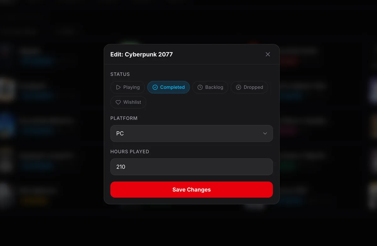 Edit dialog showing status, platform, and hours played fields